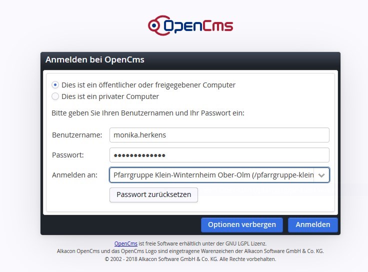 Anmelden in OpenCms 2