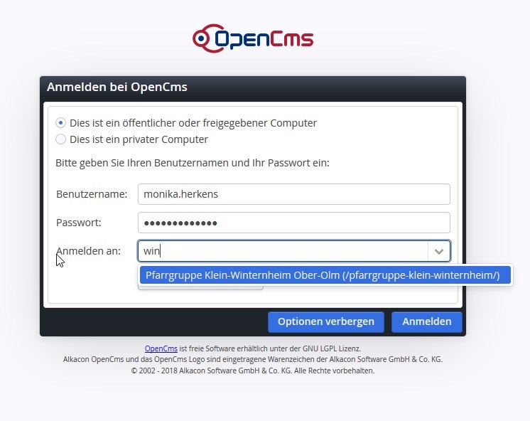 Anmelden in OpenCms